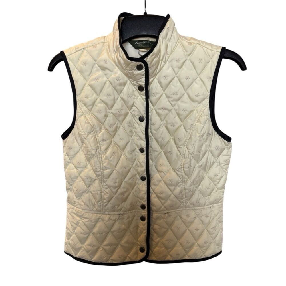 Eddie Bauer Women's Classic Quilted Vest - Cream with Black Trim Goose Down Med.